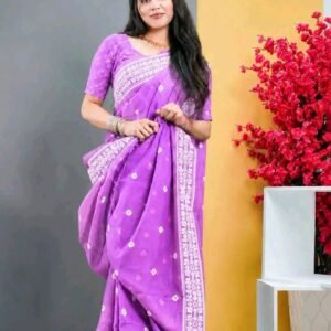 Gorgeous Lavender Half Silk Screen Print Jamdani Saree