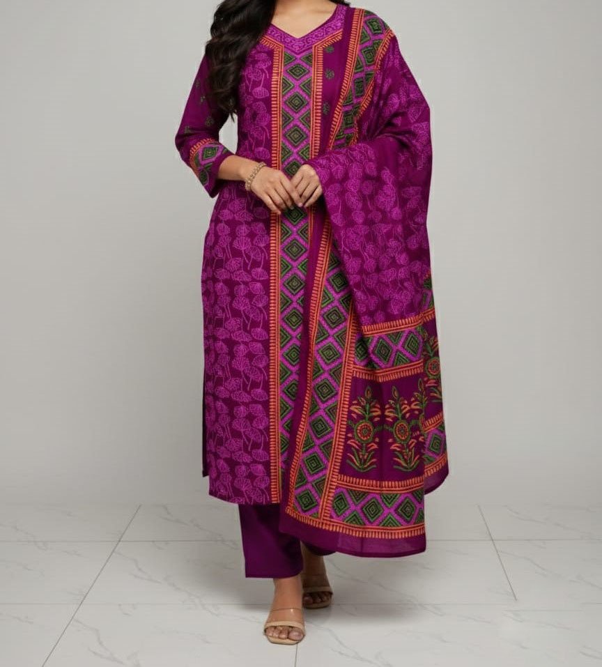 VIP cotton voile block print three piece for women