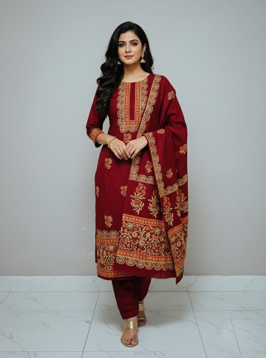 VIP cotton voile block print three piece for women