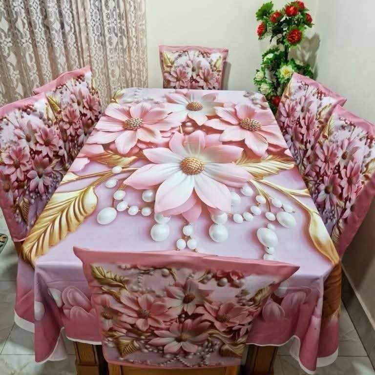 ৭ পিসের প্রিমিয়াম থ্রিডি প্রিন্টেড সফট ভেলভেট ডাইনিং টেবিল কাভার সেট - Image 20