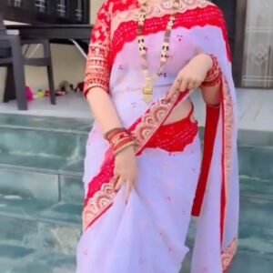 Makhon Georgette Sequence Work Saree with Lavender Body and Red Embroidered Border