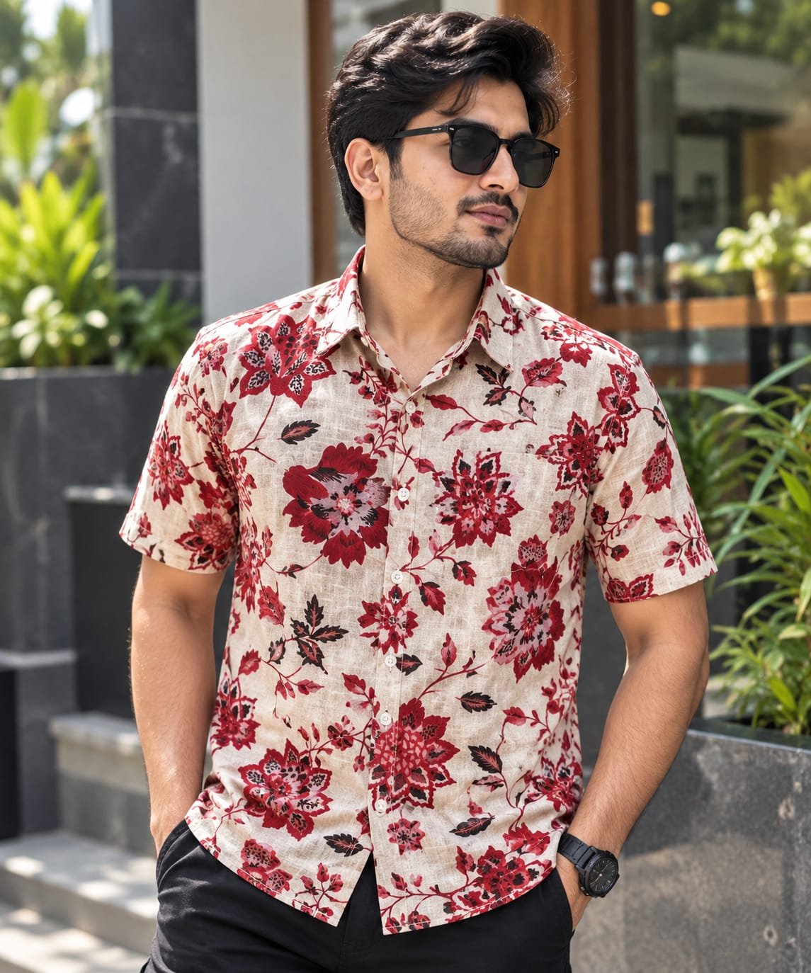 Printed Cotton Half Sleeve Shirt for Men with Single Pocket