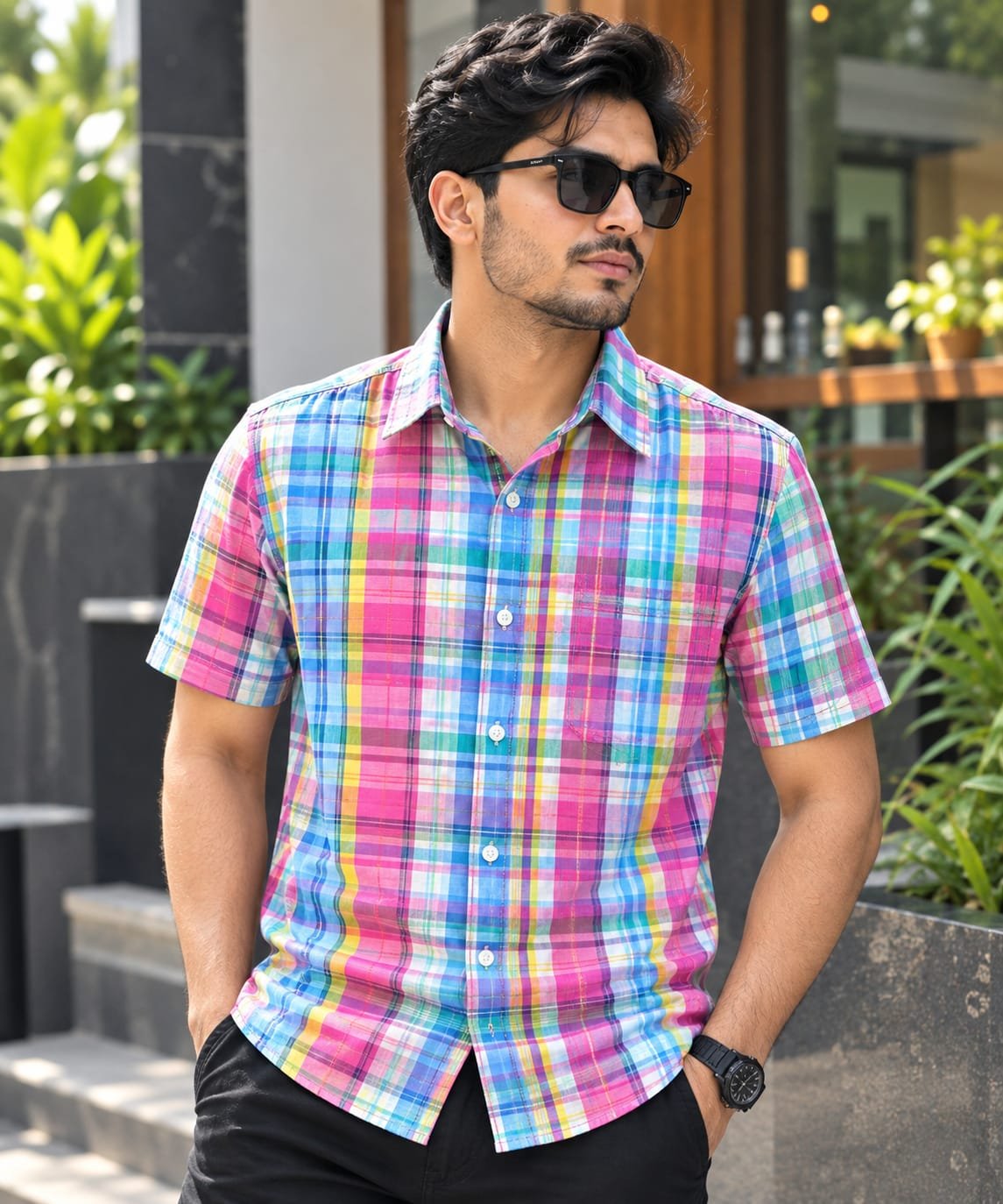 Printed Cotton Half Sleeve Shirt for Men with Single Pocket