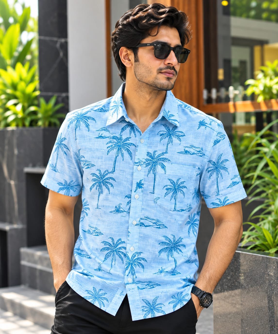 Printed Cotton Half Sleeve Shirt for Men with Single Pocket