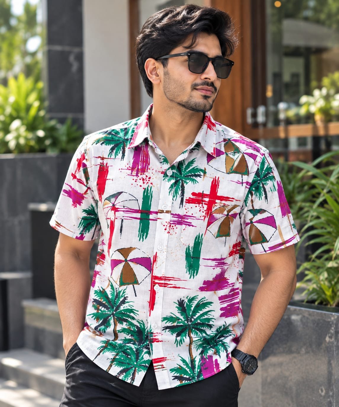 Printed Cotton Half Sleeve Shirt for Men with Single Pocket