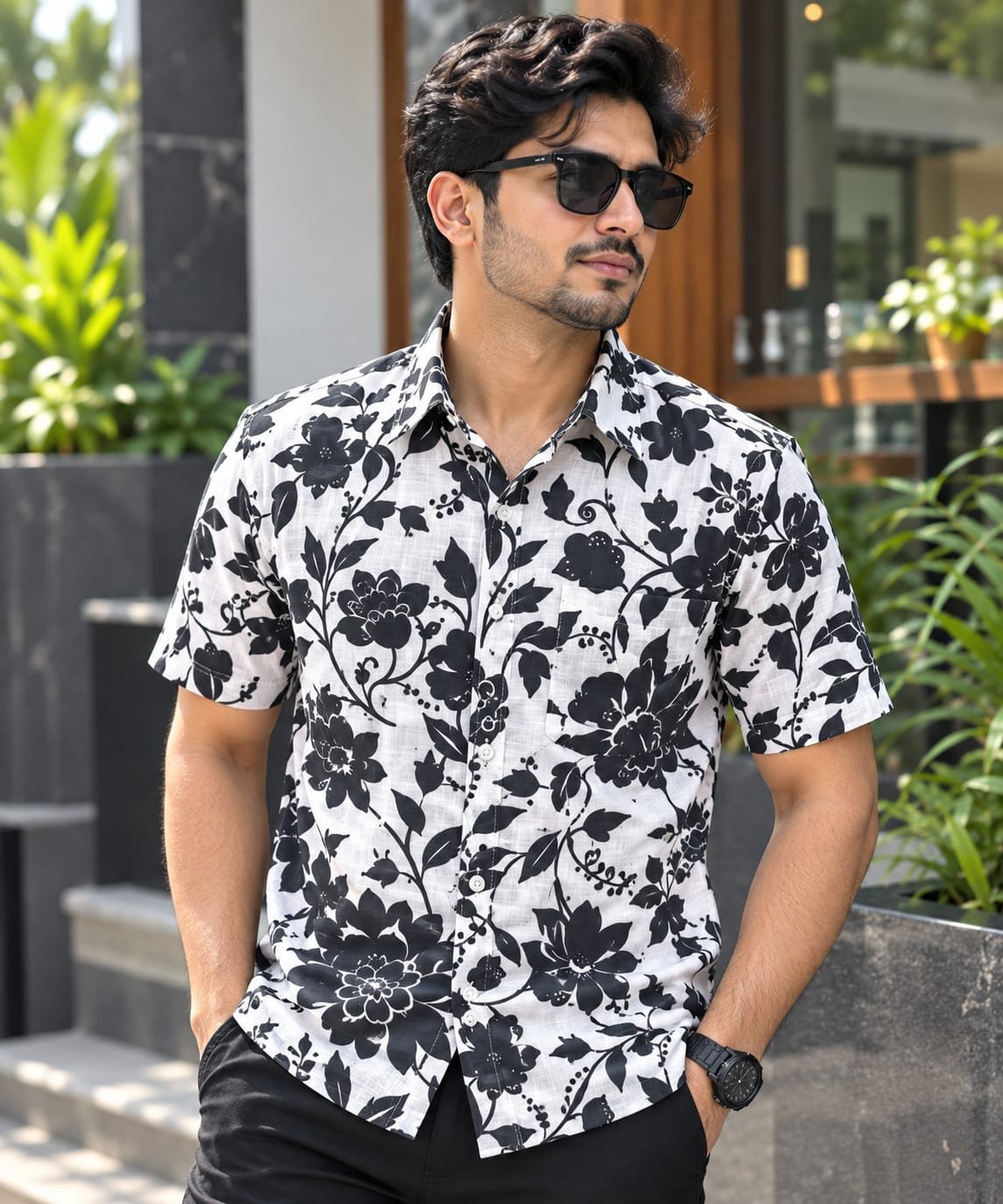 Printed Cotton Half Sleeve Shirt for Men with Single Pocket