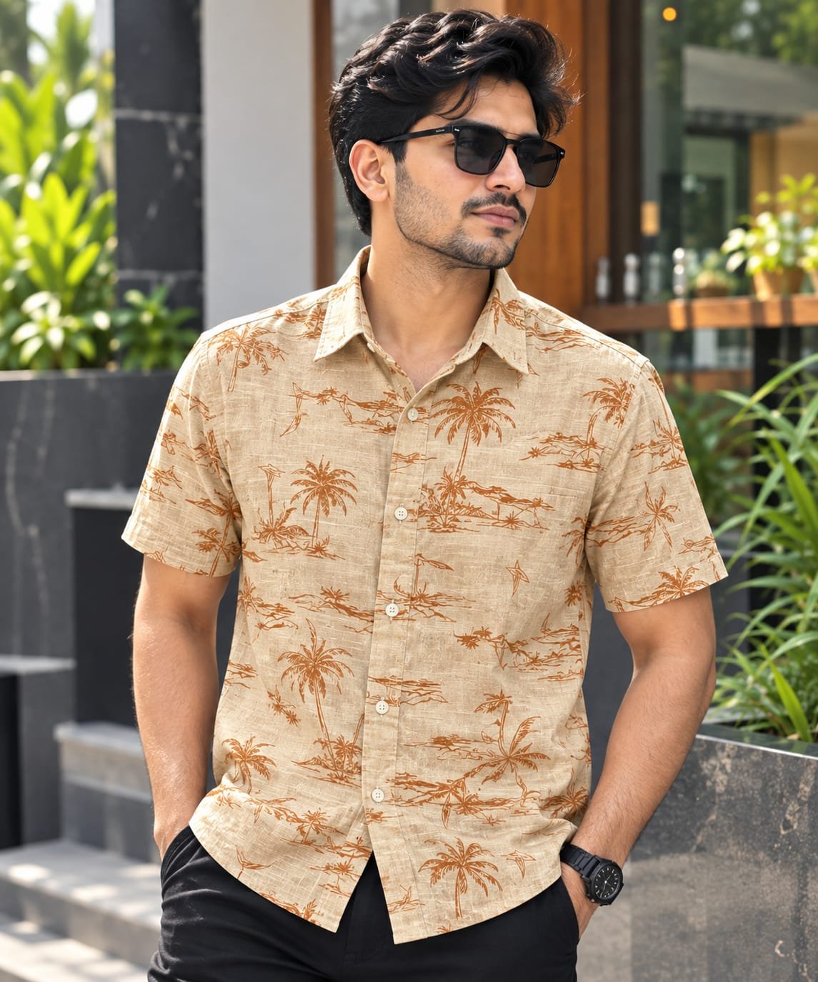 Printed Cotton Half Sleeve Shirt for Men with Single Pocket