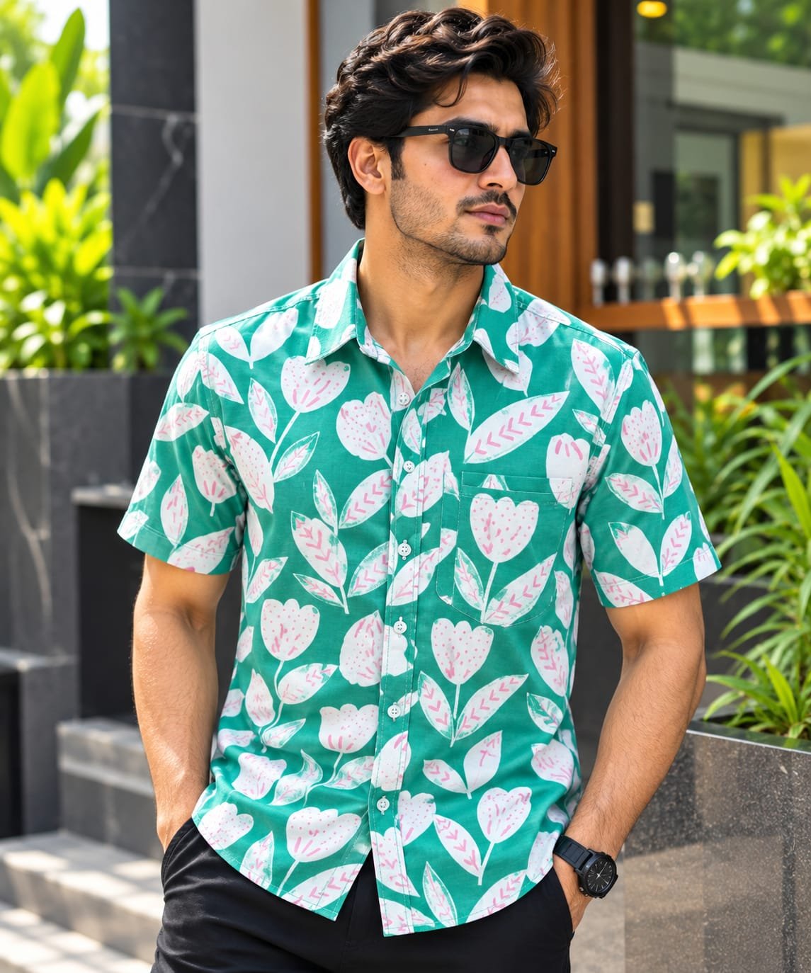 Printed Cotton Half Sleeve Shirt for Men with Single Pocket