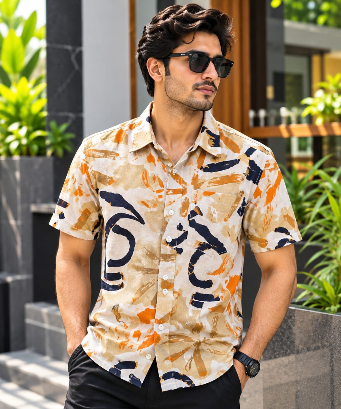 Printed Cotton Half Sleeve Shirt for Men with Single Pocket