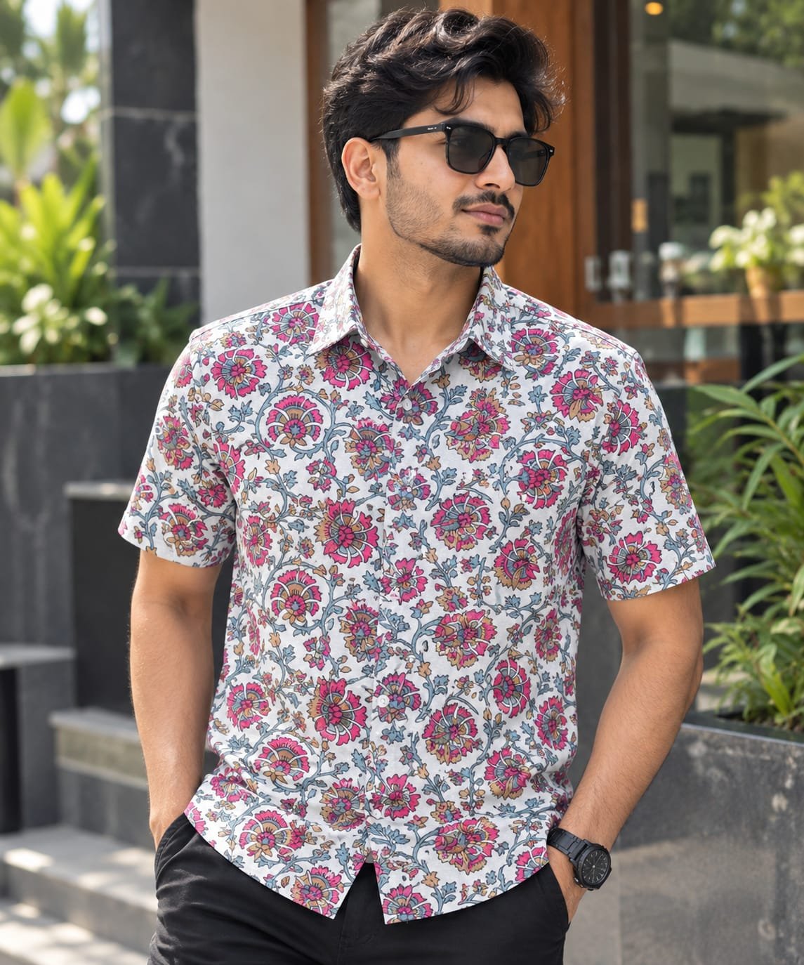 Printed Cotton Half Sleeve Shirt for Men with Single Pocket