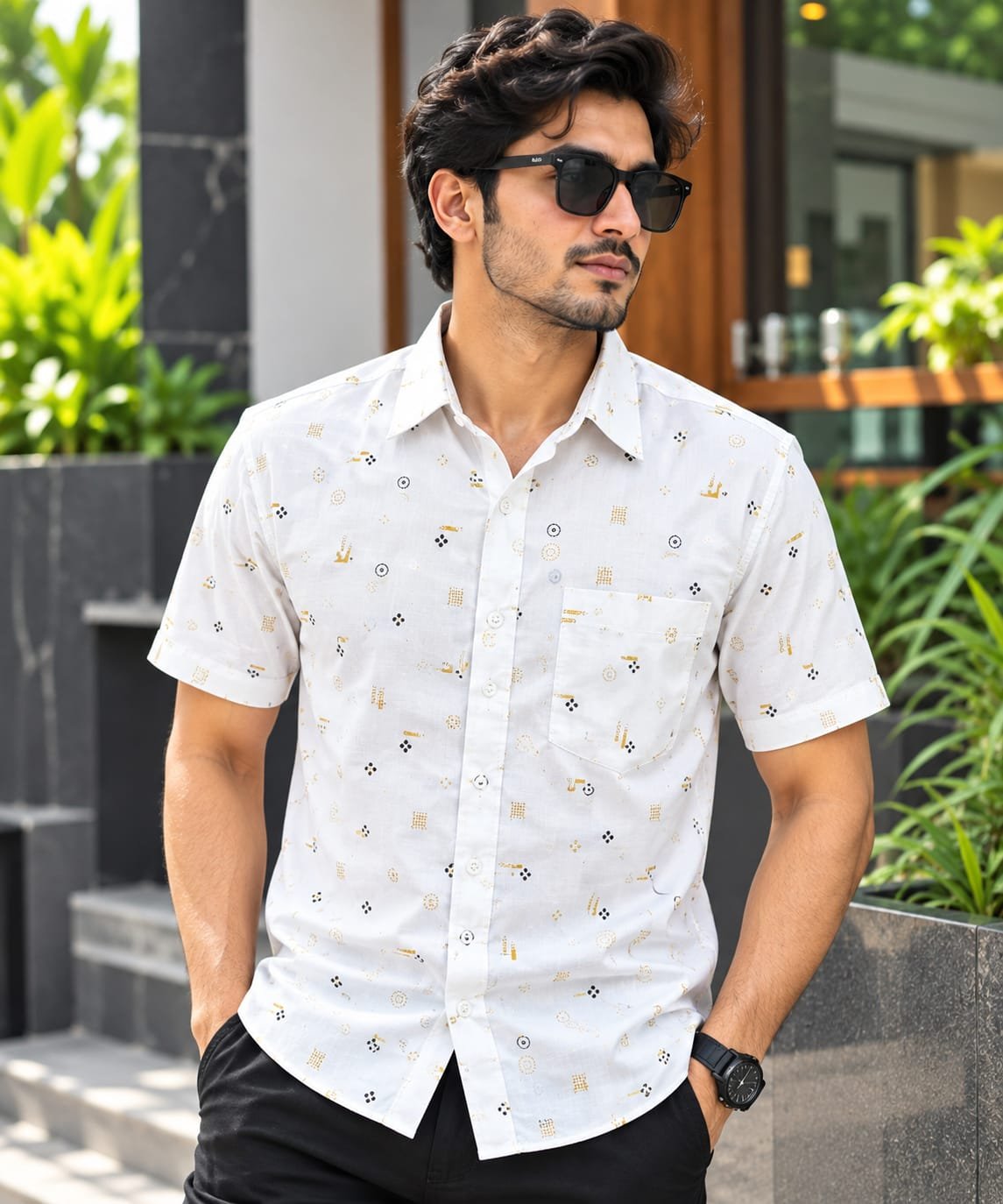 Printed Cotton Half Sleeve Shirt for Men with Single Pocket