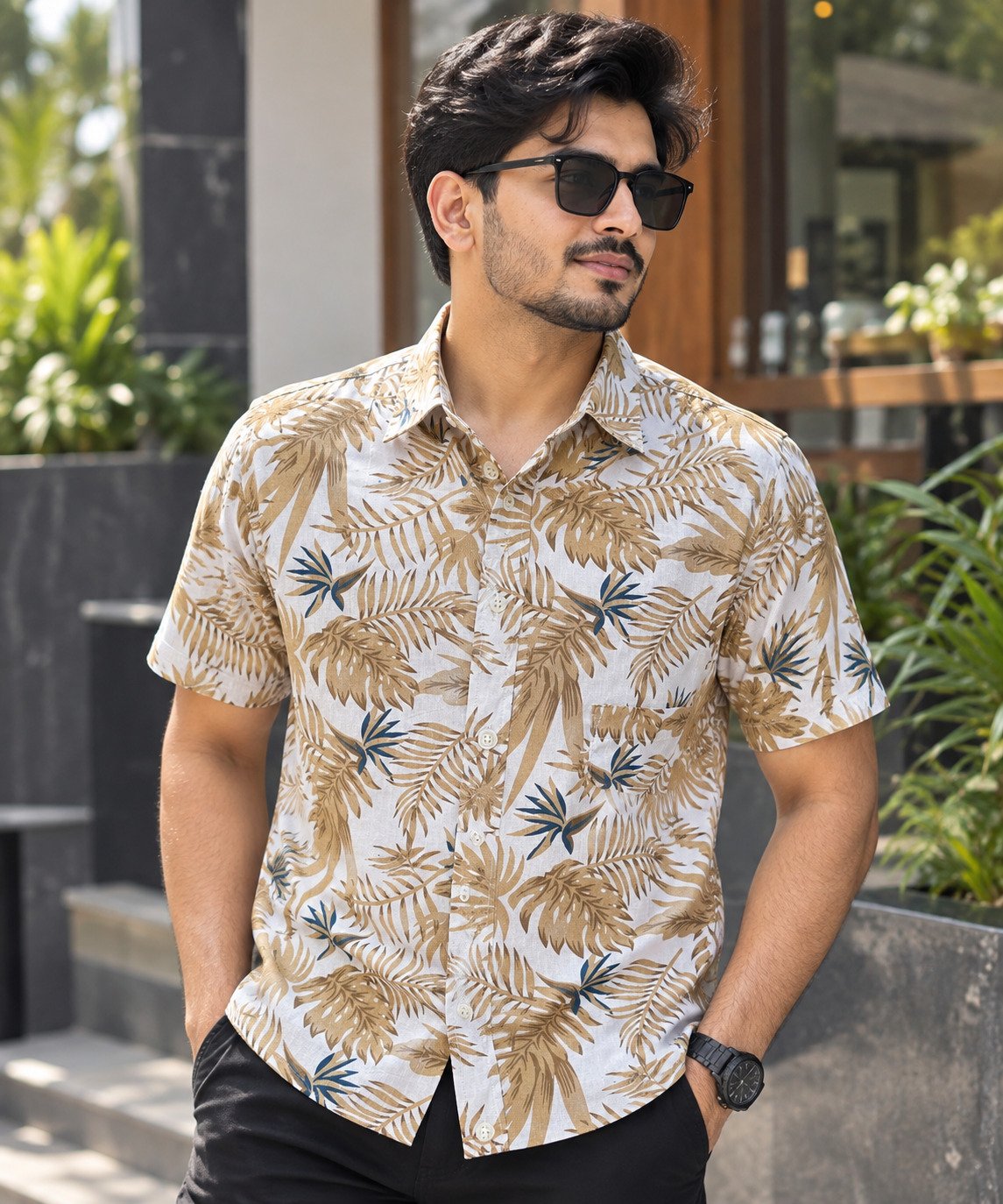 Printed Cotton Half Sleeve Shirt for Men with Single Pocket