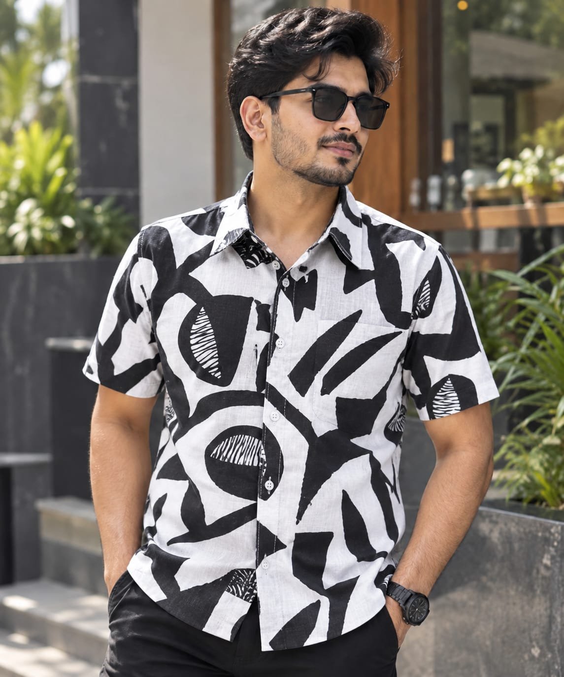 Printed Cotton Half Sleeve Shirt for Men with Single Pocket