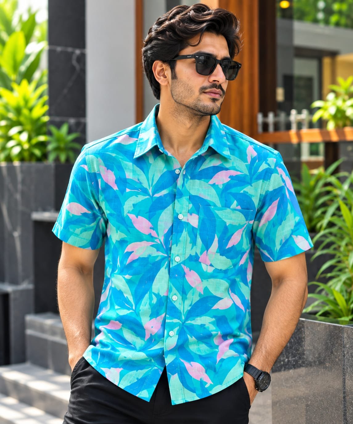 Printed Cotton Half Sleeve Shirt for Men with Single Pocket