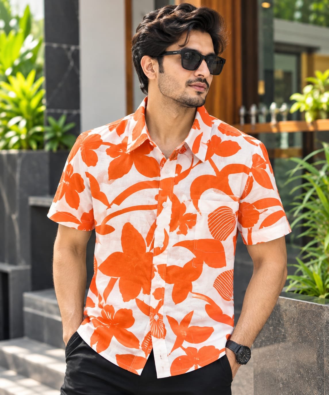 Printed Cotton Half Sleeve Shirt for Men with Single Pocket
