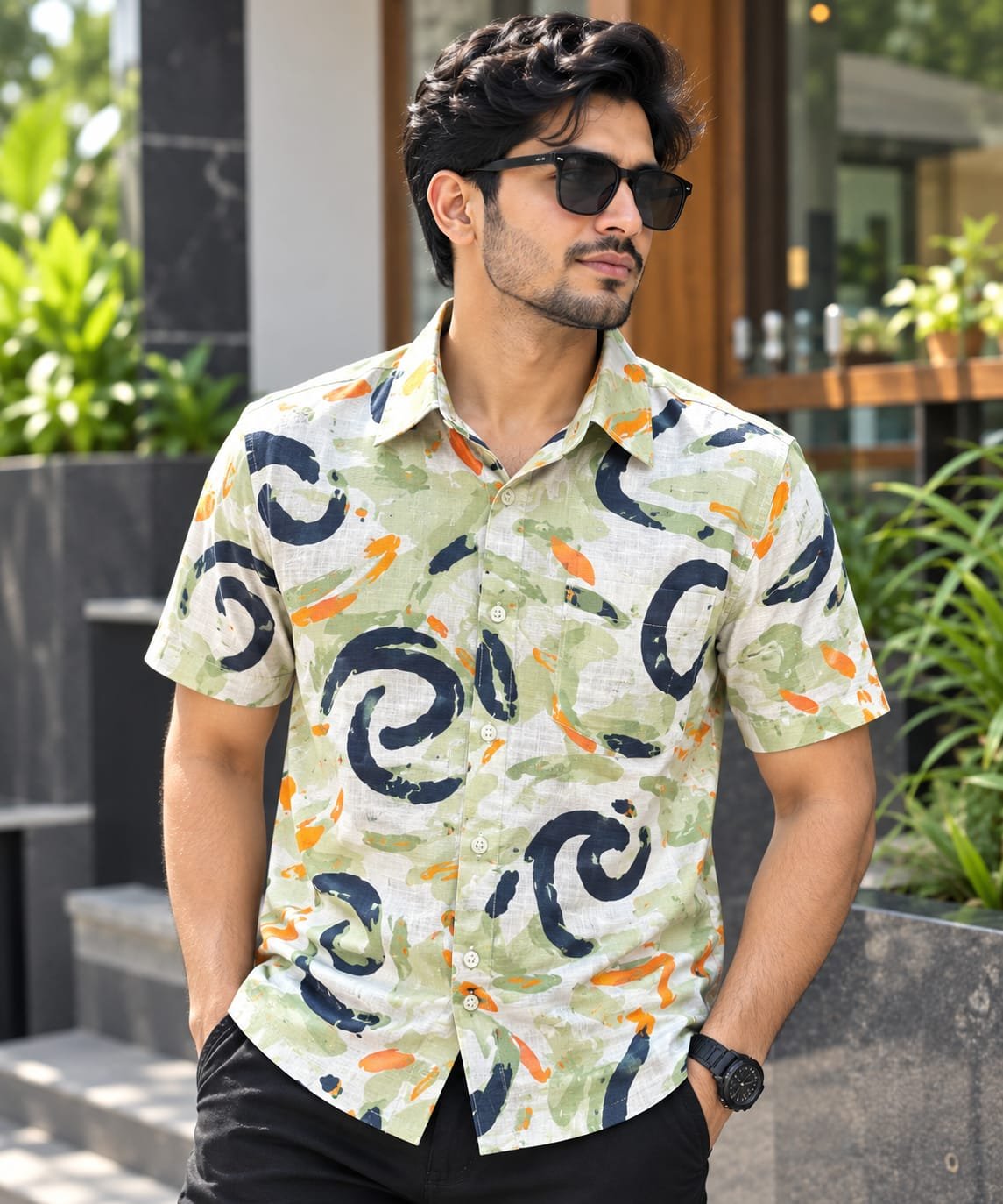 Printed Cotton Half Sleeve Shirt for Men with Single Pocket